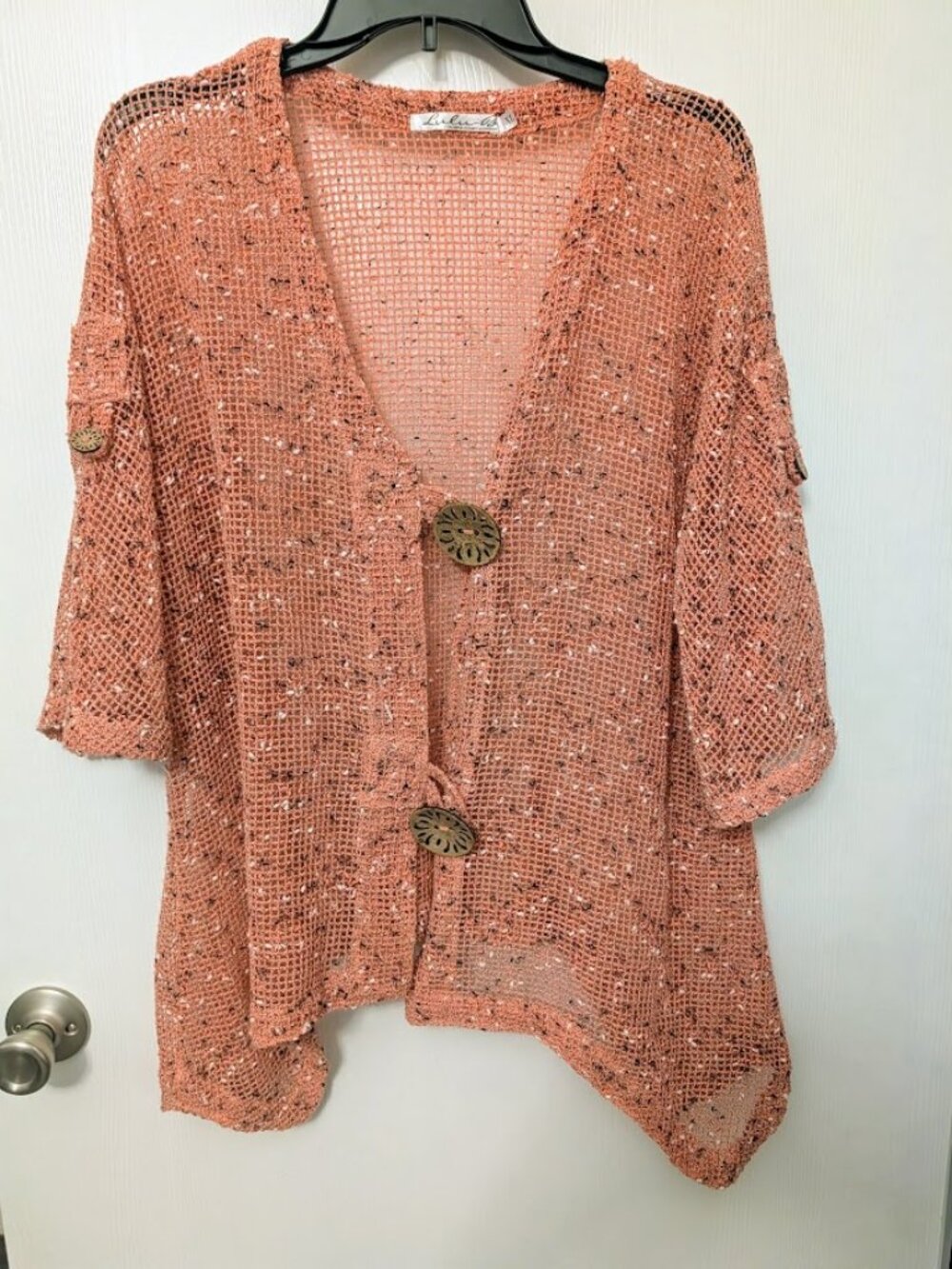 Lulu-B coral pink open knit mesh 3/4 cardigan Size XL